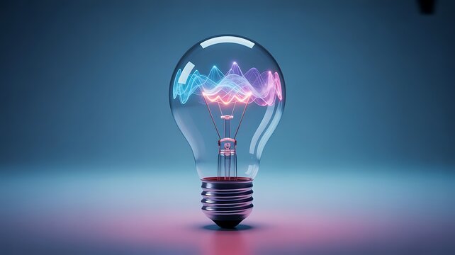 A bright glowing light bulb on a red background represents an isolated electric lamp object symbolizing a creative idea and innovative energy technology
