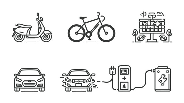 Sustainable Transport: A collection of line art icons highlighting eco-friendly transportation methods, promoting a greener future with electric car, solar panel, scooter, bike.