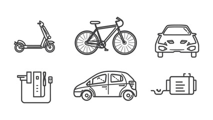 Naklejka premium Vehicular Icons: An array of transportation icons, including an electric scooter, a bicycle, car, charging station and a concept of transportation.