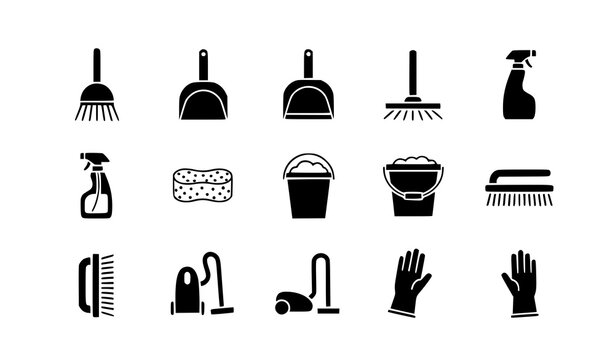Cleaning Service Icon Set with Broom Mop Bucket Spray Vacuum Brush Gloves and Household Cleaning Equipment Symbols for Hygiene and Maintenance Design