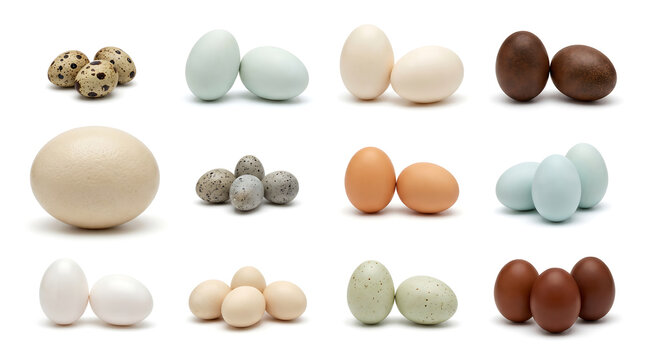 Collection of diverse bird eggs including ostrich, quail, and chicken in various colors and sizes isolated on white background. Ideal for biology, agriculture, or healthy nutrition content.