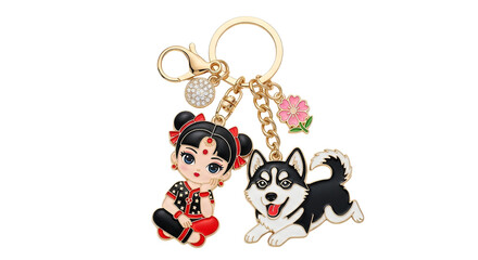 Naklejka premium Adorable cartoon girl and husky dog charm keychain accessory