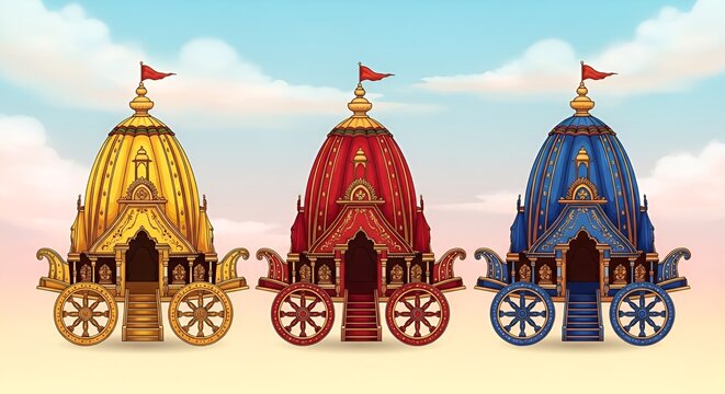 Watercolor illustration for rath yatra with large decorated chariots