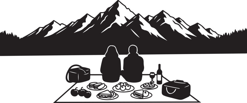Black and white picnic setup, mountain landscape, outdoor dining illustration, vector graphics