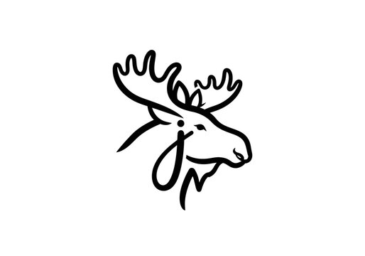 Minimalist bull moose head icon with antlers on white background