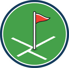 Corner flag on green pitch marked with white lines representing soccer field boundary game symbol. © Rubeka