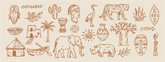 African Ethnic Hand-Drawn Line Art Set, Tribal Symbols and Safari Animals, Perfect for Summer T-shirts, Posters, and Travel Placard Prints © Loya.art
