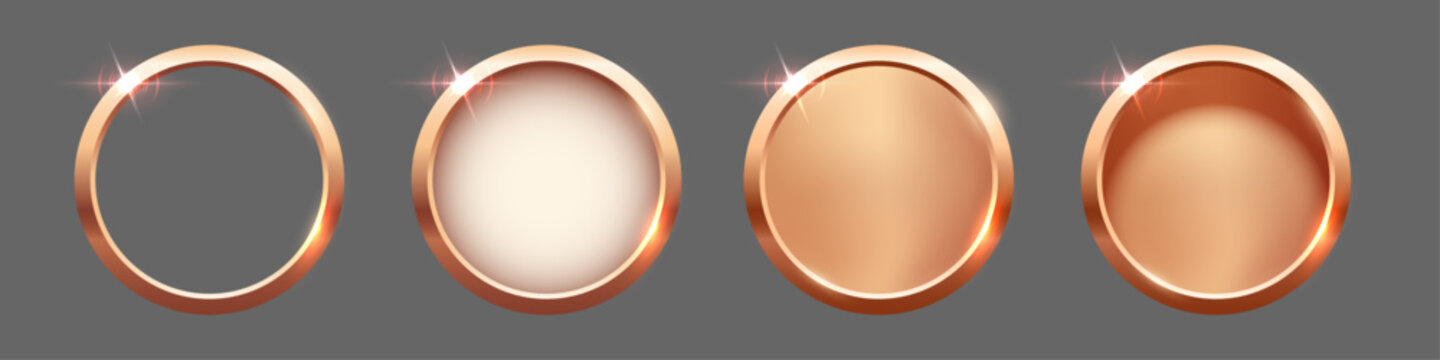 Bronze metal medal set. Copper buttons, seals. Third place awards. Shiny badges for top ranking, winners, competition prize, or achievement certificate. Realistic vector illustration