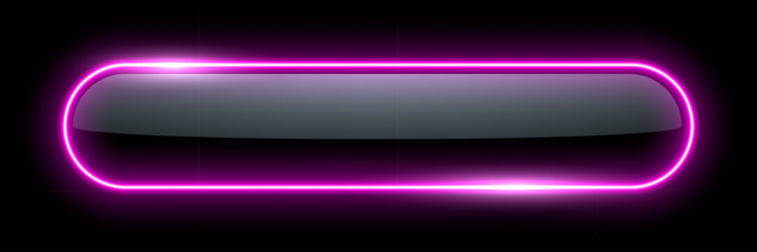 Neon glow light rounded rectangle frame. Led rectangular game button. Purple light outline on black with soft luminous effect. Futuristic UI element. Modern colorful geometric vector illustration