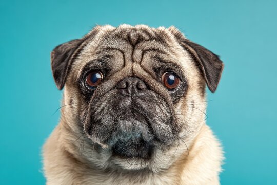 Funny pug with droopy face on blue