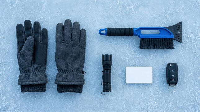 Winter driving essentials flat lay on icy surface