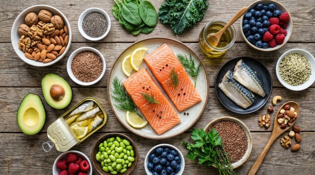 A rustic wooden table displays a vibrant assortment of healthy foods. Salmon fillets rest on a bed of leafy greens, alongside a bowl of fresh blueberries, raspberries, and almonds.