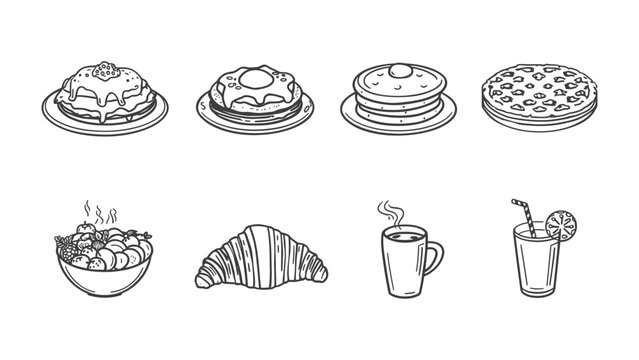 Delicious Breakfast Delights: A collection of meticulously drawn culinary icons showcasing a tempting array of breakfast and brunch staples