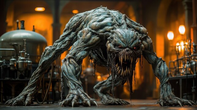 Terrifying mutant monster emerging in steampunk laboratory, nightmarish creature with sharp fangs and muscular limbs