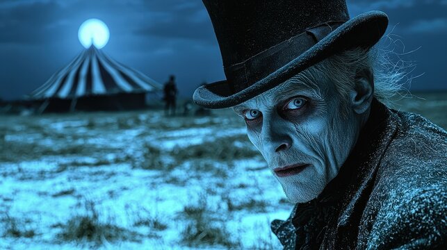 Sinister circus ringmaster in top hat under full moon in eerie winter landscape, creepy bluetoned night scene