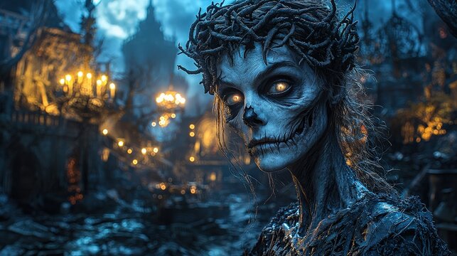 Mysterious undead queen with glowing eyes in dark fantasy forest, wearing a crown of twigs and surrounded by haunted lights