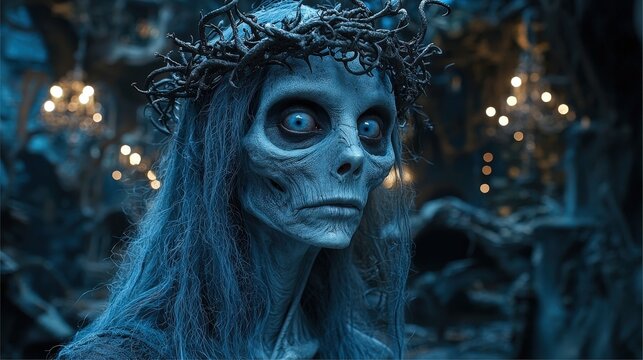 Creepy undead woman in blue light with twisted crown in dark haunted forest at night, surrounded by mysterious chandelier glows