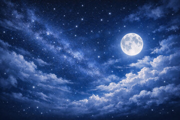 Fototapeta premium Beautiful Full Moon Night Sky with Clouds and Stars, Blue Cosmic Background