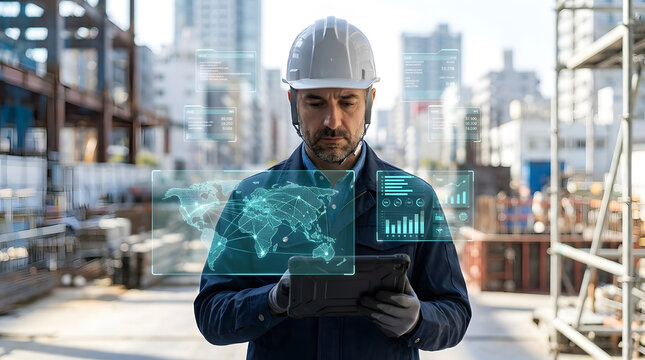 Engineer with hard hat analyzing global logistics data on tablet with holographic world map