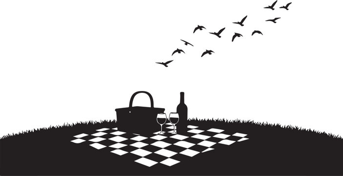 Black and white picnic scene, outdoor vector illustration, silhouette landscape, countryside getaway