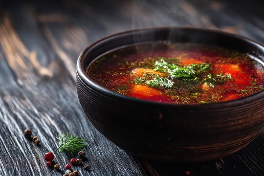 Russian solyanka soup on dark wood