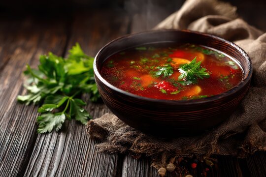 Russian solyanka soup on wooden surface