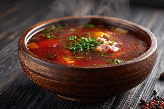 Traditional Russian solyanka soup on dark wooden surface