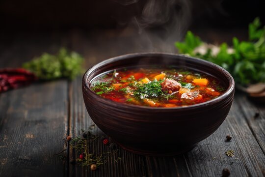 Russian solyanka soup bowl on wooden table