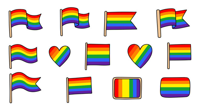 A set of rainbow flags and heart shapes on a black background