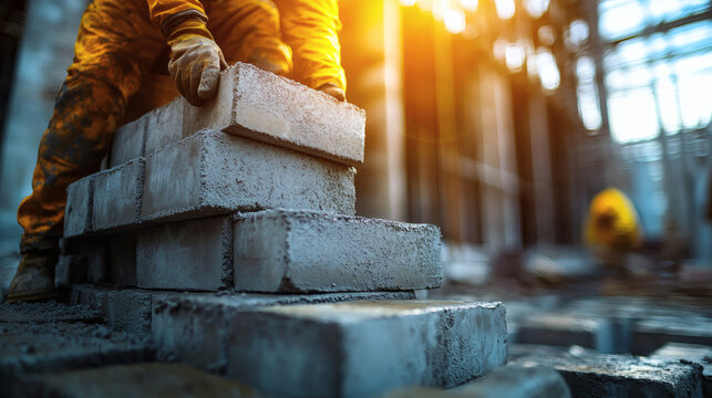 Construction worker in yellow overalls stacks concrete blocks on a construction site with sunlight casting warm glow through beams of steel framework in background