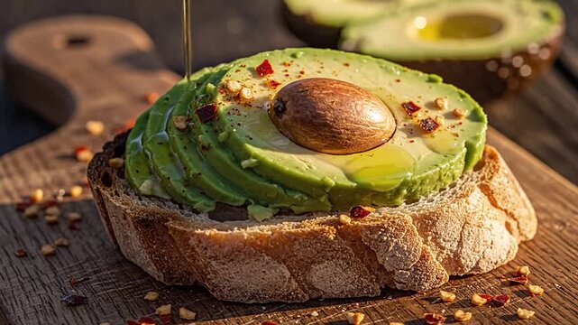 Avocado toast with chili flakes and oil on wood