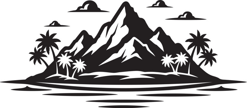 Tropical island, mountain landscape, black silhouette, vector illustration, palm trees, exotic getaway
