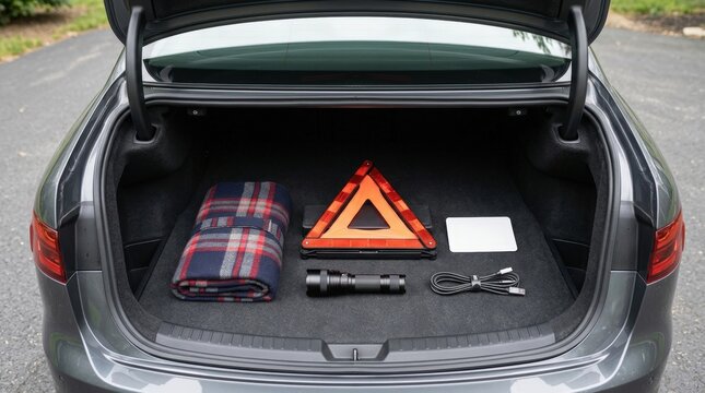 Folded roadside blanket and emergency kit items in car trunk