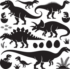 Detailed dinosaur silhouette set with eggs nest and various species © VIcon Hub