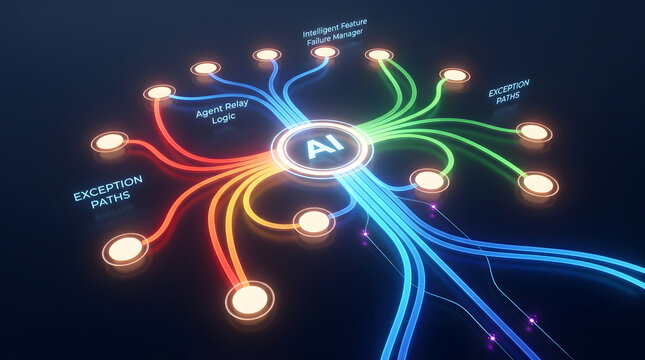 AI neural network with data pathways, exception routing and intelligent node connections