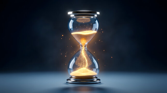 Glowing hourglass with falling golden sand symbolizing time running out and urgency concept