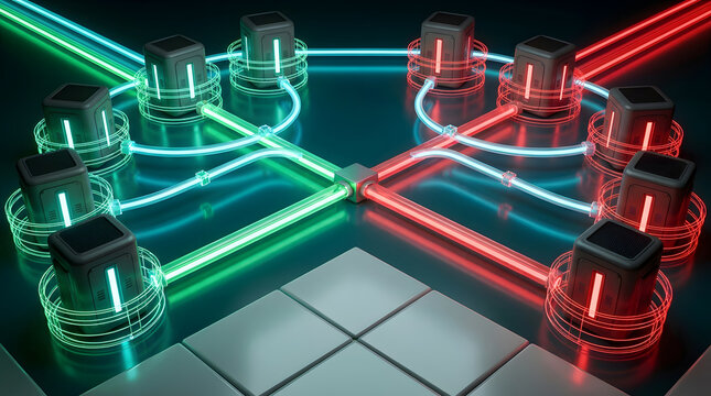 Futuristic data center network with glowing fiber optic cables connecting secure servers