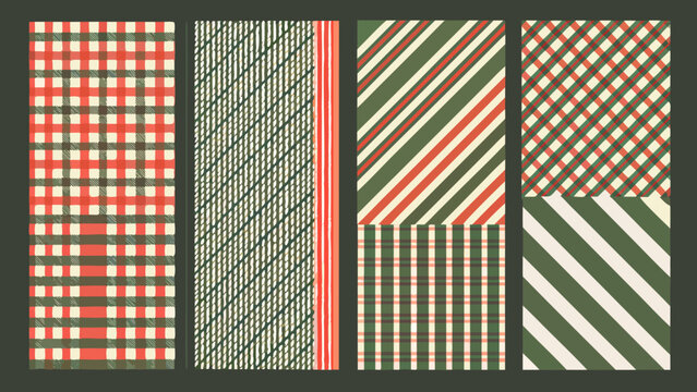 Four patterned fabric swatches with red and green plaid designs