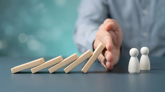 Businessman pushing first domino block to trigger chain reaction and influence decision-making