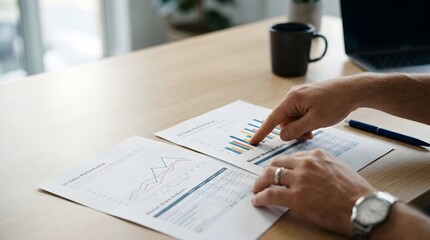 Fototapeta premium Business analysis and financial planning a person examining documents with graphs and charts on a wooden desk in a modern office setting with a cup of coffee.
