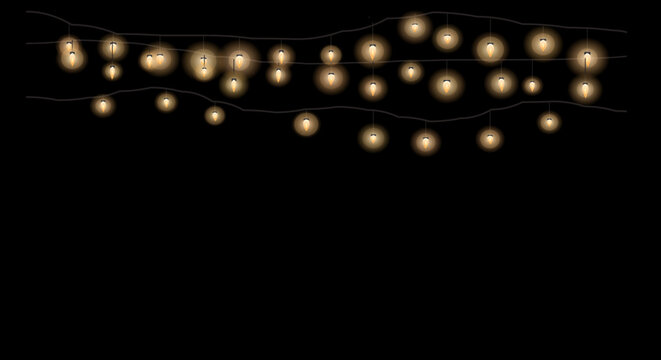 Warm string lights arranged in a festive diagonal pattern against a dark background.