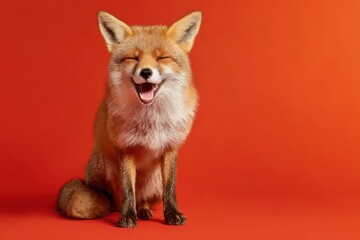 Fototapeta premium Smiling fox in playful pose red-orange background