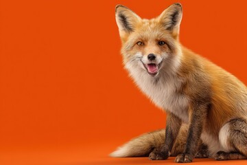 Fototapeta premium Playful smiling fox on solid orange background