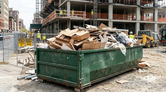 A large green dumpster sits on a dirt patch next to a construction site. Construction workers are visible in the background.