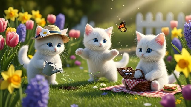 Adorable white kittens enjoy a delightful spring day in a vibrant flower garden, with one watering plants, another playing, and a third having a charming picnic