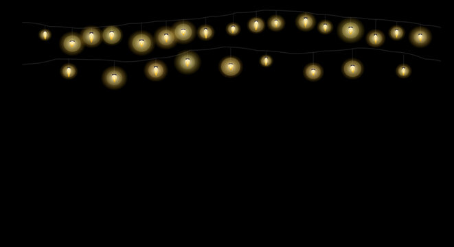 Warm string lights arranged in a diagonal pattern against a dark background.