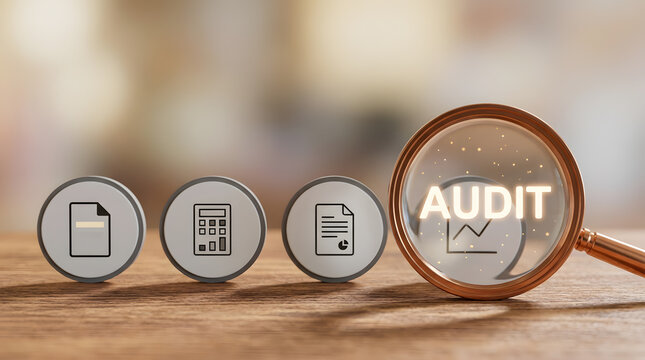 Audit concept with magnifying glass and document icons for accounting, compliance and review