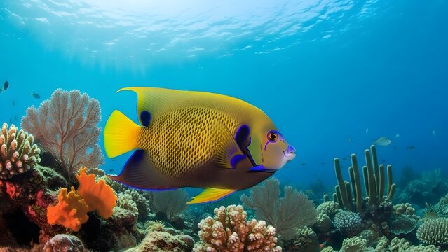 Queen angelfish swims among corals in caribbean sea marine life biodiversity ecosystem reef