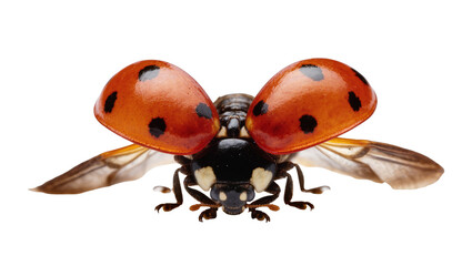Red ladybug with black spots and delicate wings in view © Elowen