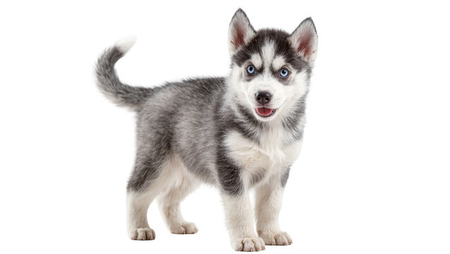 Gray fluffy Siberian Husky puppy standing and looking up